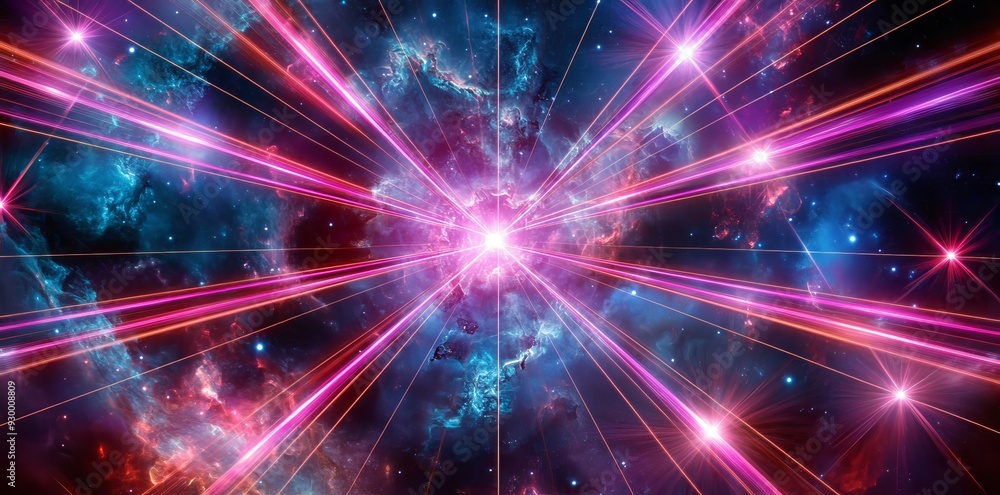 Poster in the outer space, a glowing grid is surrounded by a starry sky and a blue perspective grid. synthw