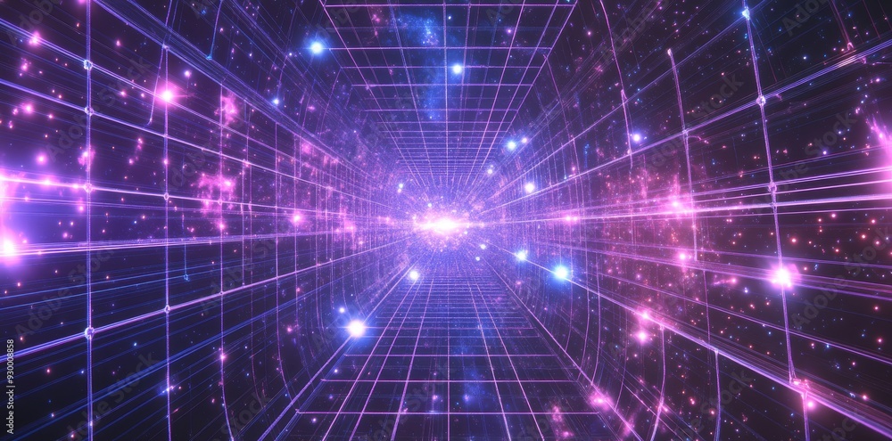 Poster backdrop with blue perspective grid and stars in the sky. synthwave background with glowing grids in