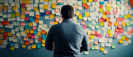 The IT employee uses kanban board in an agile development environment to manage tasks, attaching notes to the scrum board.