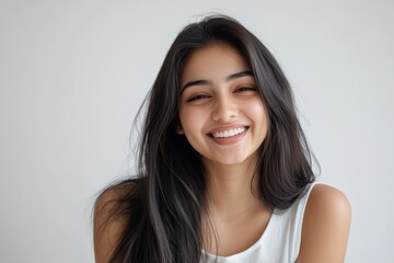 Fototapeta premium smiling Indian woman exudes confidence in a casual tank top, t-shirt and bikini style, set against a bright, airy white background, perfect for summer themed visuals.