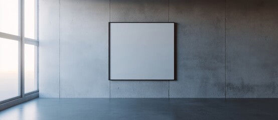 A mockup of a black picture frame on a dark gray smooth wall.