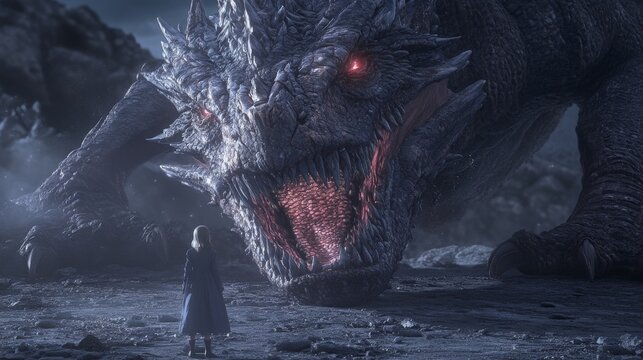 A huge dragon with dark scales and sharp teeth. Fantasy theme. Dragon's mouth open roaring or about to release fiery breath. Princess encounter with scary creature. Epic fairytale scene.