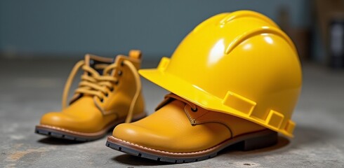 Safety gear, yellow hard hat, work boots, labor day, national safety month, industrial workplace, protective equipment, promotional use, employee safety.