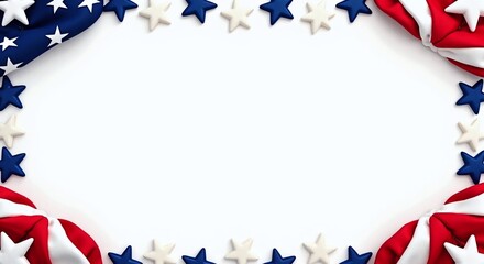 Patriotic themed border featuring American flag elements, vibrant red, white, blue colors ideal for national holidays, versatile use in marketing, events, and celebrations, copy space included.