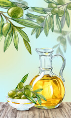 Olives and olive Oil on the wooden Desk. Hand painted Illustration