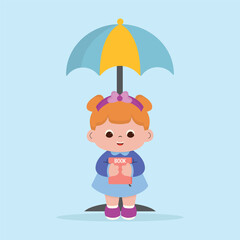 illustration of a small child standing while holding a book in a backpack. back to school illustration