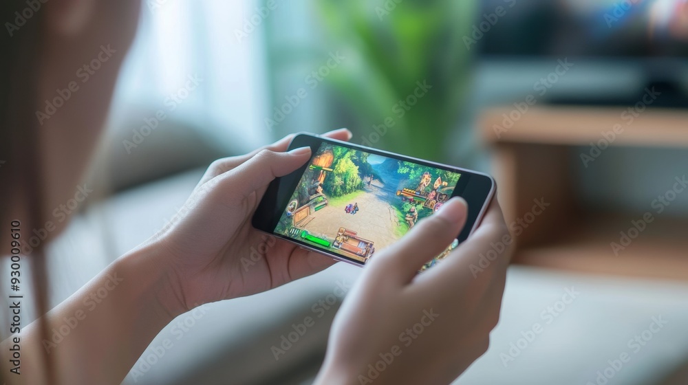Poster playing an rpg strategy video game on the screen of a horizontally held smartphone in the living roo