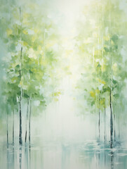 Misty Forest of Tall Trees, Soft Greens and Whites, Peaceful and Dreamy Nature Scene