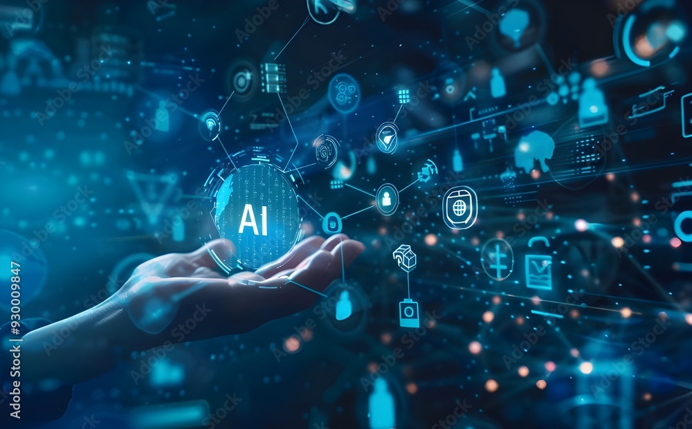 Aufkleber a hand holds an ai icon with digital data and security symbols floating around, representing the int
