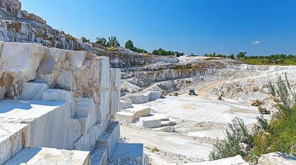 There is a picturesque limestone quarry set beneath a clear blue sky