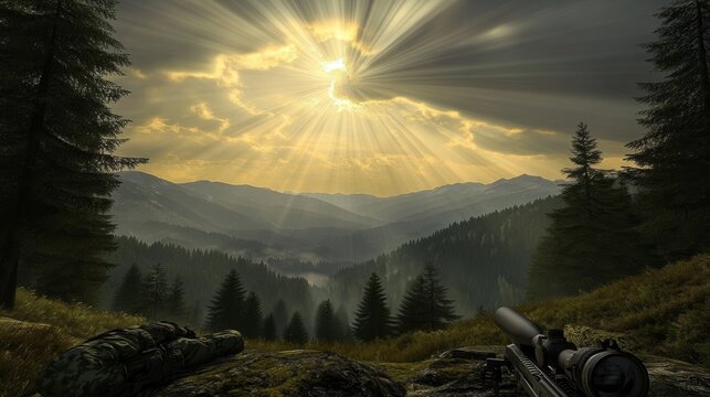 Gun game with mountain landscape and first-person perspective