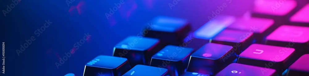 Poster professional video gamers using keyboard with computer. neon blue color lighting.