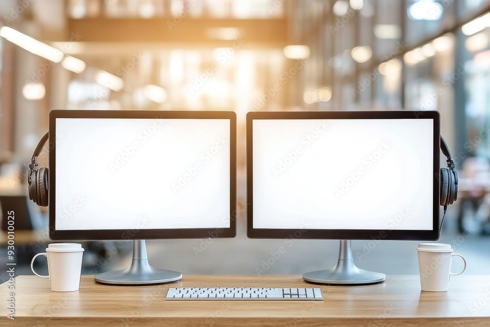 Poster two empty white gaming computer displays on a desk with coffee cups and headsets. mock up, 3d render
