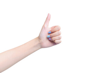 Beautiful female hand shows finger as shows as thumb up symbol good concept to present something on the white background.