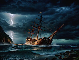 Obraz premium Shipwreck on a rocky coast at stormy night