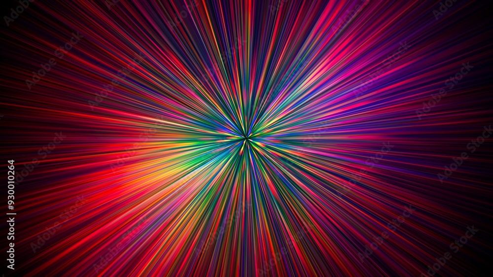 Poster cosmic hyperspace jump at speed of light. colorful rainbow glowing light rays inside the infinite tu