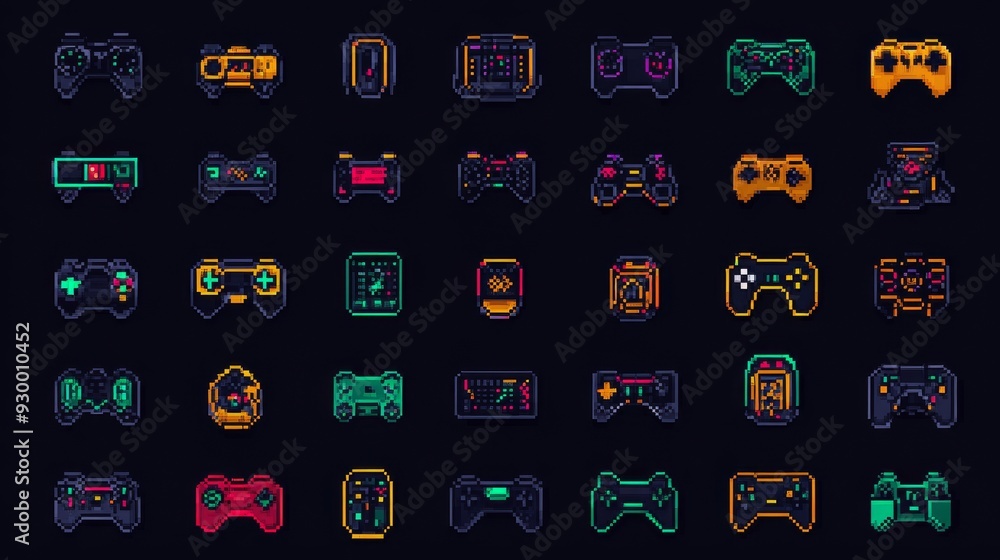 Poster create pixel art icons for retro gaming, ideal for game development with vibrant colors