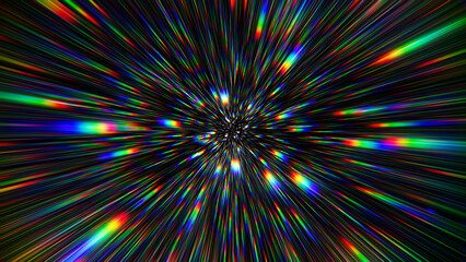 Portal for hyperspace jump at the speed of light. Colorful glowing light rays inside the infinite tunnel. Time warp. Traveling in space. Big bang. Abstract rainbow refraction background. 3d render