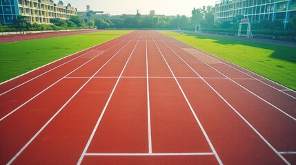 Fototapeta premium A red running track with white lines, surrounded by green grass and the stands of an outdoor sports stadium. taken from an elevated position. Generative AI.