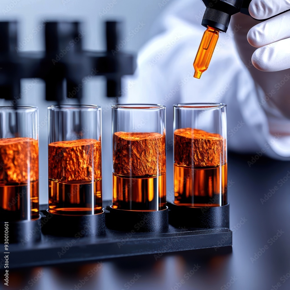 Poster close-up of a scientist adding liquid to test tubes, showcasing chemical analysis in a laboratory se