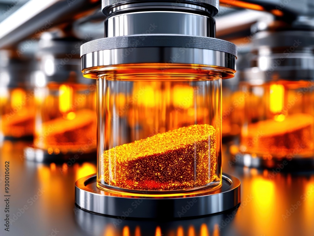 Poster close-up of a glowing substance in a glass container, showcasing advanced technology in a modern lab