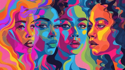 Vibrant abstract portraits of diverse women, representing collective identity and empowerment through unity and shared experiences