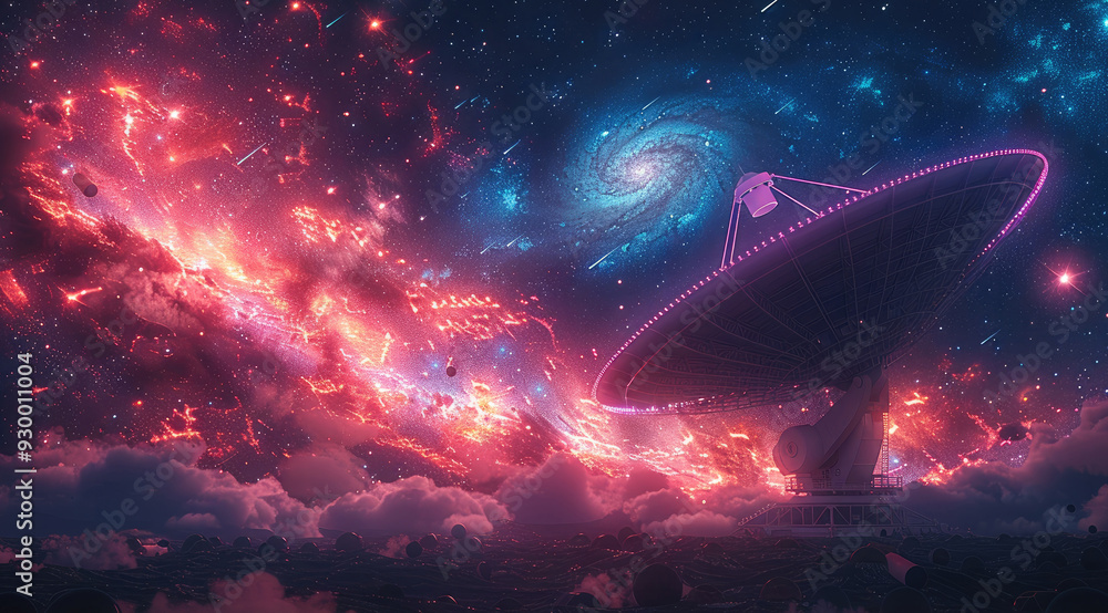 Poster an advanced satellite dish in deep space, highlighted by vibrant pink and blue lights, towering agai