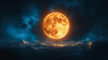 Obraz premium A large orange moon is in the sky above a cloudy night. The moon is surrounded by a dark blue sky with clouds