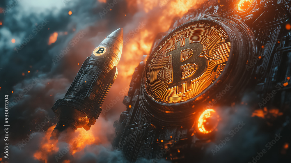 Poster a rocket is flying through a fiery sky with a large b on the side of a building. the image has a fut