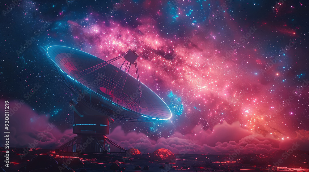 Poster an advanced satellite dish in deep space, highlighted by vibrant pink and blue lights, towering agai