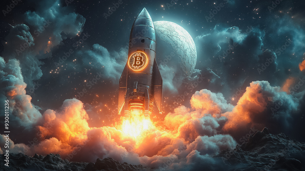 Aufkleber a rocket with the letter b on it is flying through the sky. the rocket is surrounded by clouds and t