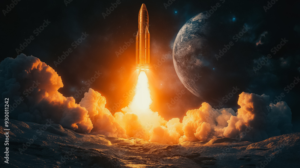 Aufkleber a rocket is launching into space with a planet in the background. the image has a sense of wonder an