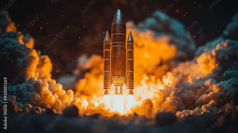Poster a rocket is flying through the sky with a bright orange flame trailing it. concept of excitement and
