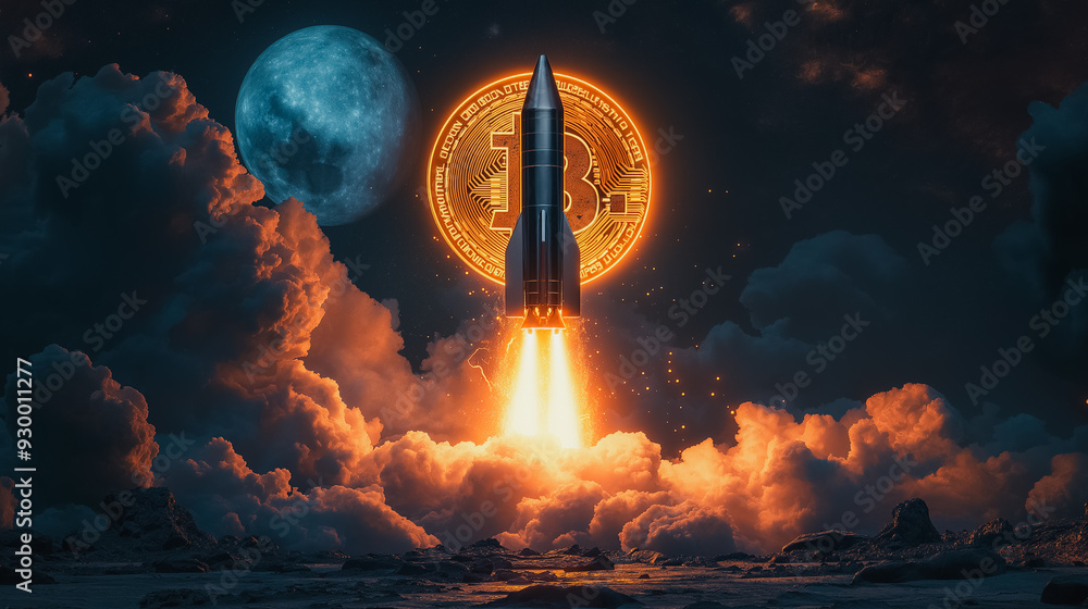 Poster a rocket is flying through the sky with a large bitcoin symbol on the side. the sky is dark and clou