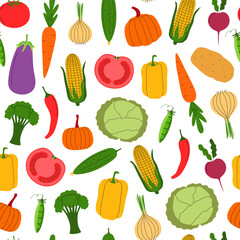 Colorful vegetables seamless pattern. Autumn harvest season, local food market. Agriculture. Vector background, digital paper, wallpaper.