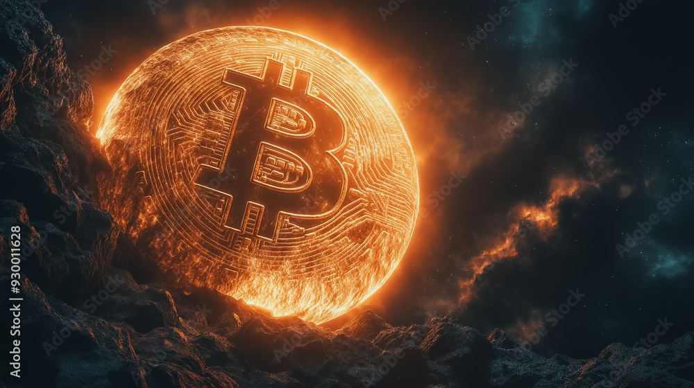 Poster a large orange b is floating in the sky. the image has a futuristic and mysterious vibe, with the b 