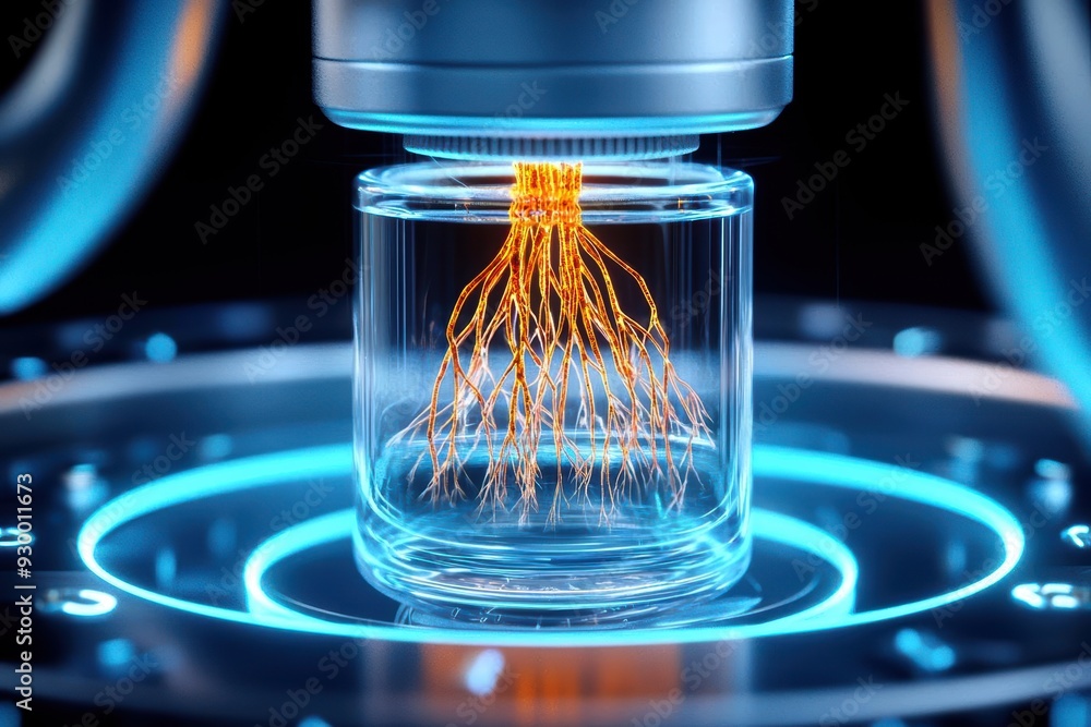 Poster futuristic technology showcasing a glass container with glowing energy. ideal for concepts of innova
