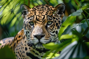 Obraz premium Jaguar relaxing in lush green tropical forest