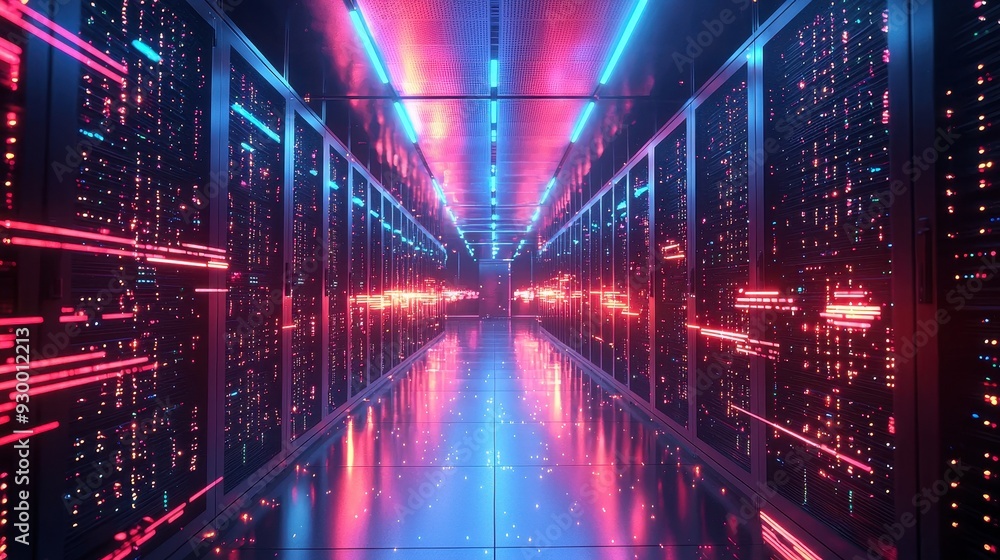 Poster a futuristic data center corridor illuminated with glowing lights