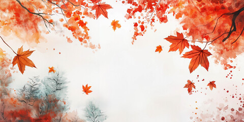 Beautiful autumn banner, autumn maple leaves of trees in orange color drawn in watercolor, leaves drawn by hand. Autumn landscape. Advertising banner.