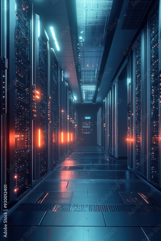 Poster a futuristic data center corridor illuminated with glowing lights