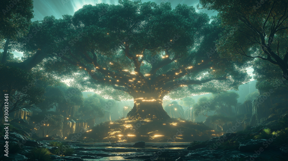 Poster a large tree with many branches and leaves is lit up with lights. the scene is set in a forest, and 