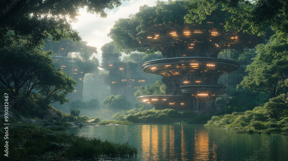 Poster a lush green forest with a large building in the middle. the building is surrounded by trees and has