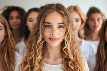 Group of beautiful young women looking at the camera against a white background
