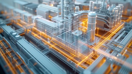 An aerial view of a digital twin of a tech factory, semi transparent that can view the interior of the factory. Generative AI.