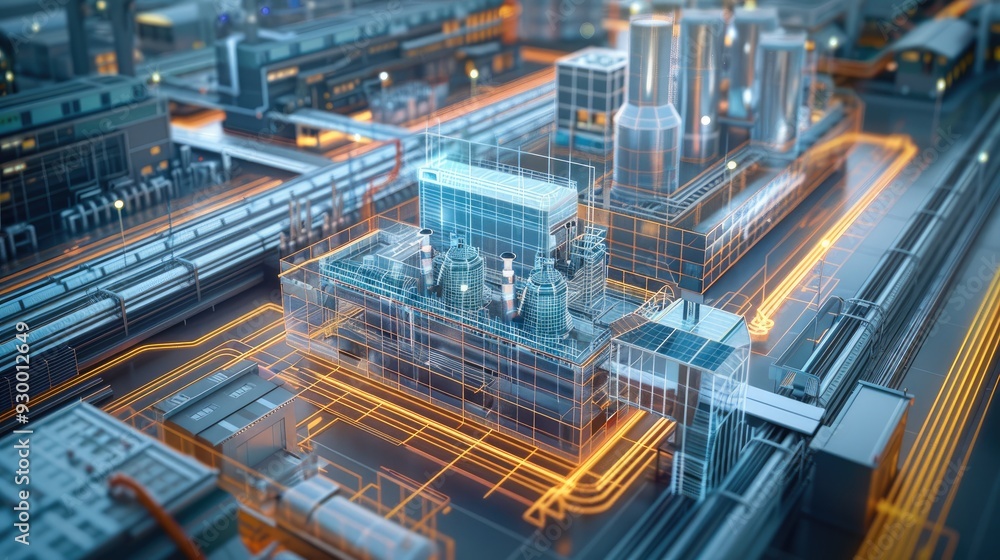 Aufkleber An aerial view of a digital twin of a tech factory, semi transparent that can view the interior of the factory. Generative AI.