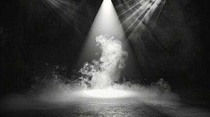 White smoke billowing across a stage with a spotlight shining in the background, creating a dramatic atmosphere for theater productions, concerts, and special events