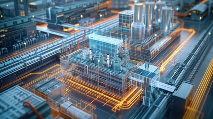 Fototapeta premium An aerial view of a digital twin of a tech factory, semi transparent that can view the interior of the factory. Generative AI.