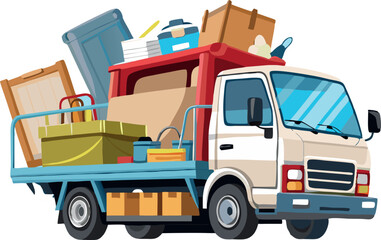 Small blue delivery truck full of boxes and furniture delivering- © frrlbt