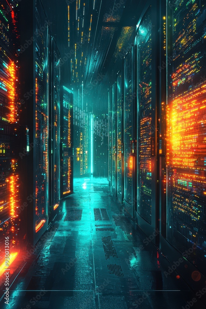 Poster a futuristic data center corridor illuminated with glowing lights